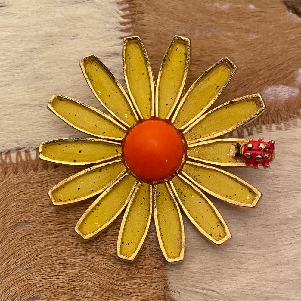 Weiss Stamped Yellow Flower Brooch with Ladybug Accent